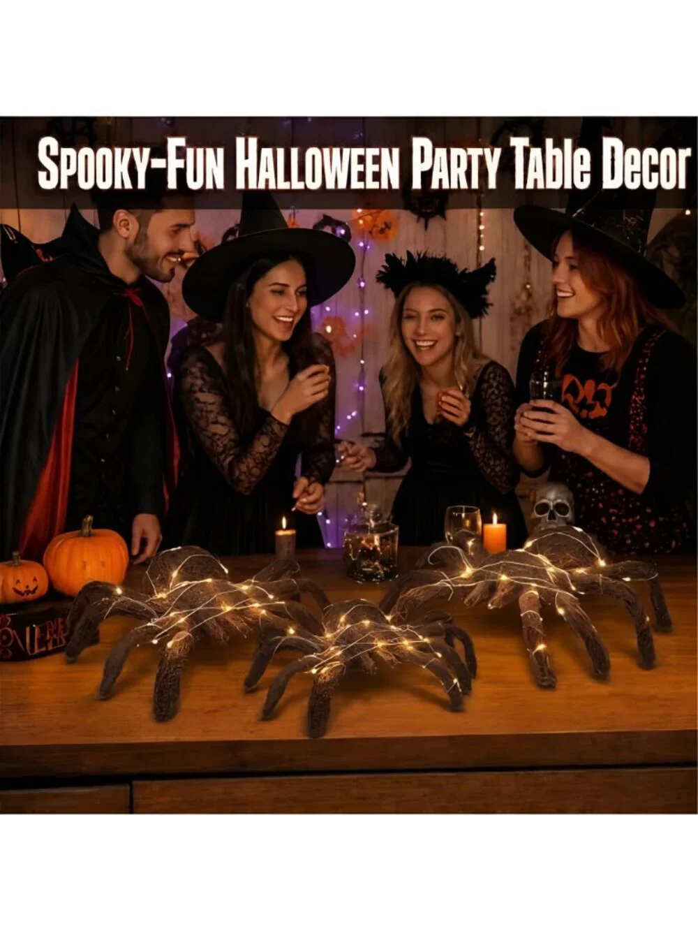 3 Pcs Halloween Rattan Woven Fake Spider Decor with String Lights